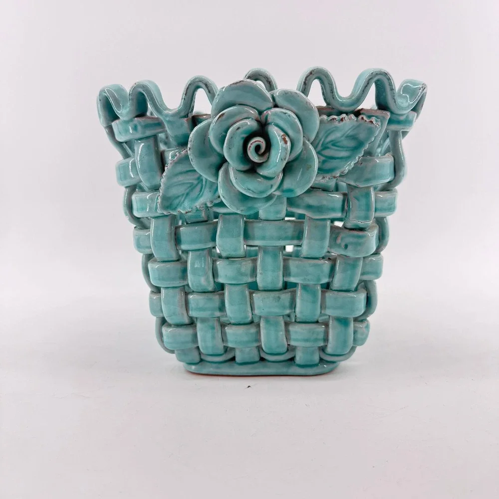 Ceramic Woven Basket Turquoise Rose Floral Lattice Decorative Bowl 7